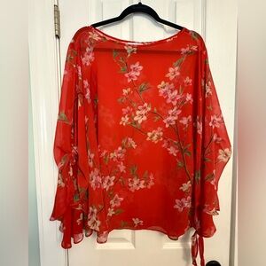 Susan Graver Red Floral Sheer Blouse